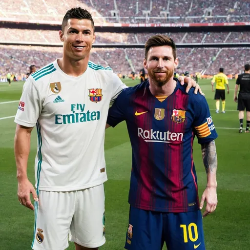 Prompt: Ronaldo in a barcelona shirt standing next to Messi in a real Madrid shirt
