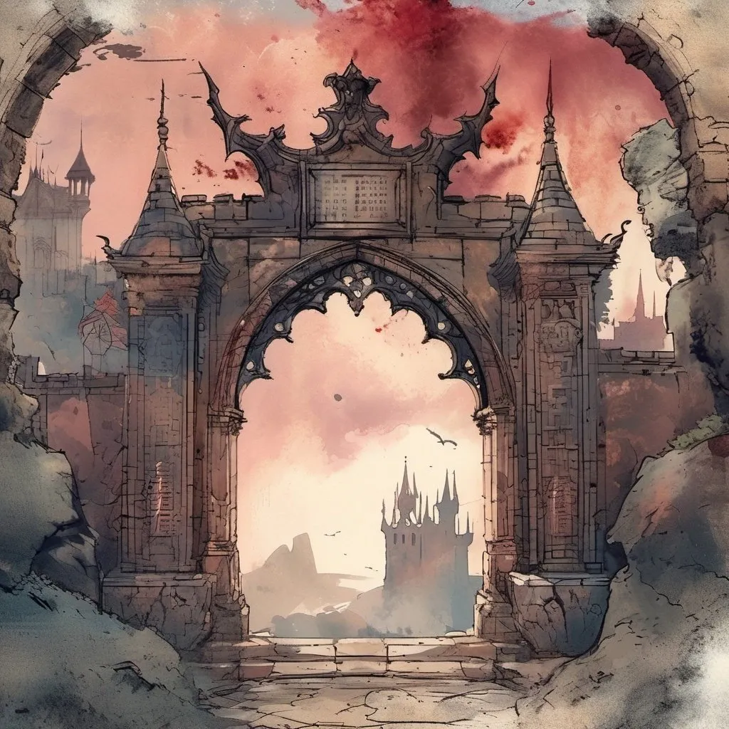 Prompt: Generate a medieval game login screen. In the foreground, design a weathered, bloodstained stone archway framing the login interface, adorned with intricate carvings and battle scars reminiscent of medieval craftsmanship and state of war. The sky above should be dark and tinged with red hues and slight fog, adding an aura of mystery and adventure to the scene.