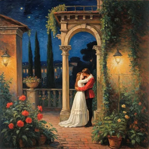 Prompt: romeo and juliette hiding in venera italia renaissance summer night impressionism garden scene 