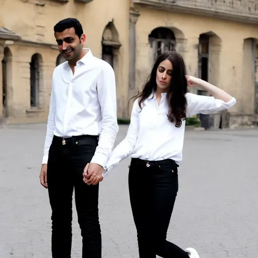 Prompt: marguerite,and aziz in black jeans and white shirt,white classic magician shoes, aziz caress her hair