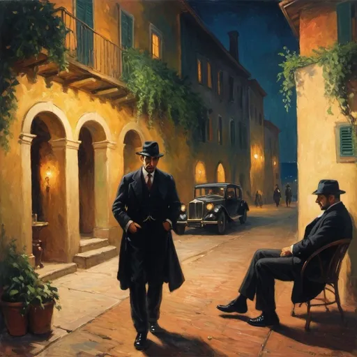 Prompt: mafiahiding from sherluck holmes in venera italia renaissance summer night impressionism scene 