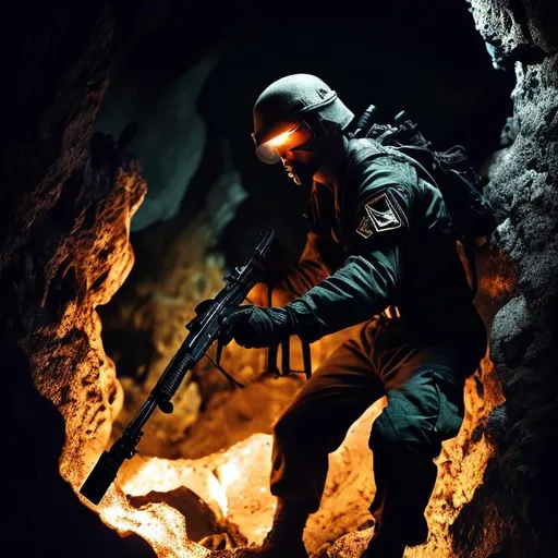 Prompt: Guide soldier in black jumpsuit assaulting cave at night, highres, detailed, intense action, military, gritty, dark tones, night vision, professional, dramatic shadows, dynamic composition