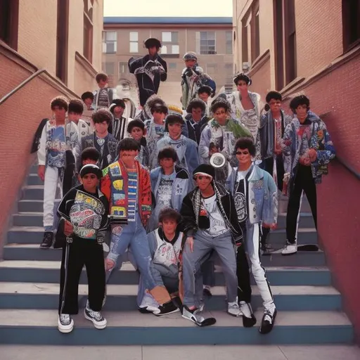 Prompt: 1996's young men band at stairs dancing around sony cassette stereo player show badboy outfit the cassette stereo player hahdled at his shoulders grafity styles