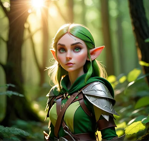 Prompt: Elf ranger in a mystical forest around sunlight