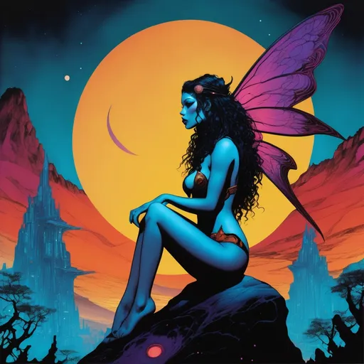 Prompt: {Cybernetic space fairy sitting on a rock in the foreground. Big wings, long curly hair, tattoos.} Eating a bone. Dramatic otherworldly background behind her.

((Graphic novel style, distinctive subject design, immaculate illustrated, weighted inked outlines, and saturated, dark-centric coloring,
vibrant, underexposed look)).

({Triadic background colors.
Extended foreground colors.}
Unique color distortion and smooth blends.}
{Chiaroscuro.}).

{(Science-fiction.
Retrofuturism.
Cosmic horror.)
Body horror.}
Masterpiece quality.
Master draughtsmanship.

{Crisp, black linework.
Line weight variation.
Fine linework on detailing.}
Maximalism.
{Surrealist sci-fi horror,
Vibrant, heavy metal aesthetic.}

{Loose, unconventional framing.
Dynamic, unique poses.
Action.
((Storytelling emphasis)).
Clarity.}
Sharp focus.
Filmic aesthetics.
{Hierarchy.
Positive shapes, and negative space.
Pattern, rhythm, unity.}
Dark canvas.