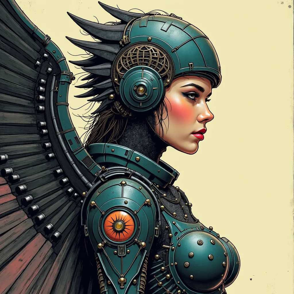 Prompt: Female Valkyrie heroine in organic style armour, visible face, beautiful

{Masterful Hand drawn Illustration, inked outlines}, delicate texturing, painstaking maximalist detail, clean and precise, pulp comic style made realistic, {dark, intense color saturation, block shading, color blends}, dark, black chiaroscuro, underexposed, soft rendering, masterpiece, ultra-high quality, drama, masterful color grading, masterful contrast enhancement, noise reduction, dynamic poses, loose framing.}

{Extremely elaborate retrofuturistic sci-fi character design with horror elements, characterful and expressive faces, semi-realistic illustration, excellent facial and anatomy proportions, dramatic detailed backgrounds}, No 3D, No photography.

{Science fiction art, cosmic horror art, eerie, weird, surrealist art, dark fantasy art, mist and gloom, occultic.}