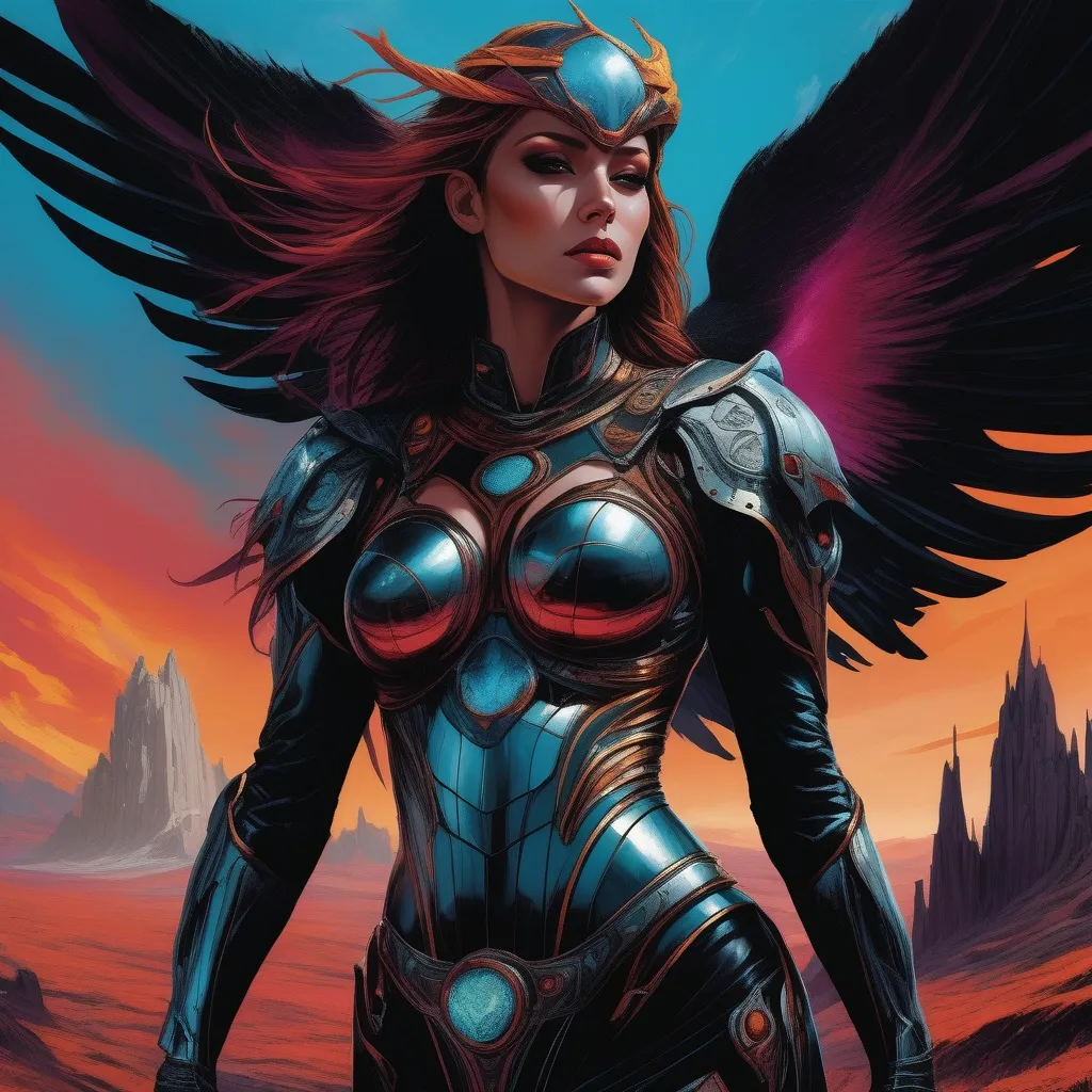 Prompt: Female Valkyrie. Organic and mechanical looking armor. Full body low angle view. Frozen alien landscape behind her.
{Surreal graphic novel illustration}, {lean, dancer's anatomy}, {unique subject design, expressive facial expressions,} {professional, ultrarealistic, highest quality comic art (inked outlining:1.3)}. ({maximum color intensity, very dark color balance, rich, and vivid colors}:2.2). {(Varied color distortions with smooth blends:1.5), dimly light scene, atmospheric darkness (soft and smoky chiaroscuro:2), diffused highlights, intense shadow, underexposed}. {3D flat rendering, triadic color scheme, additional foreground colors}, ({science fiction, retrofuturism, cosmic horror, eerie surrealism, dark fantasy, gothic, heavy metal aesthetic}:1.5). {masterpiece, master draughtsmanship, master artistic theory, refined linework, fine detailing}, maximalism, {loose, unconventional framing, unique dynamic 3D poses, action-oriented scenes with storytelling emphasis}, {Clarity, sharp focus, filmic}, {strong hierarchy, positive shapes, and negative space}, {pattern, rhythm, and unity, captivating visuals}, dark canvas.