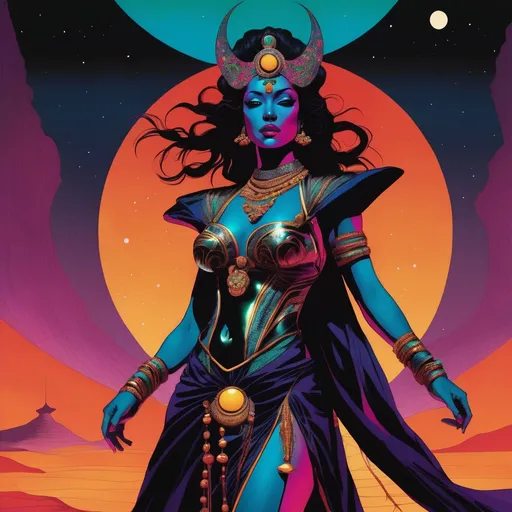 Prompt: {Stunning moon deity in her female humanoid form. Dressed in fantastic costuming. Dramatic otherworldly background behind her.

((Graphic novel style, distinctive subject design, immaculate illustrated, weighted inked outlines, and saturated, dark-centric coloring,
vibrant, underexposed look)).

({Triadic background colors.
Extended foreground colors.}
Unique color distortion and smooth blends.}
{Chiaroscuro.}).

{(Science-fiction.
Retrofuturism.
Cosmic horror.)
Body horror.}
Masterpiece quality.
Master draughtsmanship.

{Crisp, black linework.
Line weight variation.
Fine linework on detailing.}
Maximalism.
{Surrealist sci-fi horror,
Vibrant, heavy metal aesthetic.}

{Loose, unconventional framing.
Dynamic, unique poses.
Action.
((Storytelling emphasis)).
Clarity.}
Sharp focus.
Filmic aesthetics.
{Hierarchy.
Positive shapes, and negative space.
Pattern, rhythm, unity.}
Dark canvas.