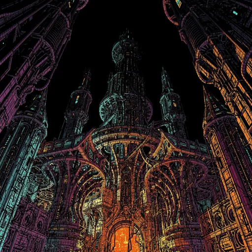 Prompt: Sci-fi horror illustration, (extremely rich saturated colors on black background), (maximum color saturation), (intensely vibrant color fields against deep blacks), (highly saturated hues), (bold vivid colors), (deliberate color scheme), (intentional color zoning), (calculated color placement), (structured color distribution across depth planes), cinematic composition, dramatic framing, dynamic perspective, single composition, no panels, no borders, no grid, (extremely fine intricate linework), (intricate lines), (intricate detail), (visible thin precise lines), not thick lines, dense intricate shading, intricate shading, not cross-hatching, flat color fields, hard edges, not soft edges, layered depth planes, foreground middleground background separation, dark saturated color palette, (rich vibrant hues), heavy blacks, crushed shadows, minimal bright values, not bright colors, not pastel, not light tones, (hyper-realistic architectural forms), (realistic proportions), (believable structures), (physically accurate geometry), intricate ornate structures, complex impossible geometry, organic mechanical fusion, dramatic scale, silhouetted architecture, oppressive atmosphere, nightmarish, alienating, not cheerful, not welcoming, cinematic lighting, not painterly, not photographic, not 3D render, not sketchy, not muddy, not washed out, not watermark, not text, not sloppy, not rough, not loose, no humans, no figures, no people, no characters, no creatures, no biomechanical entities, maximum intricate detail, intricate detail throughout, not achromatic, not desaturated, not muted colors, not random color placement, not chaotic colors, not rainbow gradient, not stylized, not cartoony, not simplified