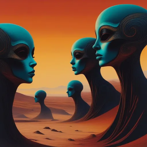 Prompt: A series of {surreal alien humanoid head statues} sticking out of the sand on an otherworldly planet. 
 
Dark digital canvas.

{Horror Science-fiction.
Retrofuturism.
Cosmic horror.
Body horror.}

Soft, directional lighting.
Deep shadows.
Maximalism.
Detailed subjects.
Beautifully illustrated 2D forms.
Dramatic scene.
{Coloured pen and ink illustration.
(Linework.)
(Coloured illustration style.)}

(Fine, black line detailing.)
(Expressive, black subject outlining.)
Clean, fluid, weighted strokes.}
{Limited flat block coloring, shading, and highlighting, with dithered edges.
Modest color distortion and smooth color blends.}

{Maximalism.
{Surrealist horror, Neorealist contrast.
Heavy metal aesthetic.}
Detailed subjects.
Distinctive subject design.
Beautifully illustrated forms.
Dramatic scenery.}

{Triadic background color scheme.
Expanded foreground color scheme.
Vibrant dynamic dark colors.}
Unusual warm and cold colors.
Deeper color values.

Complexity.
{Loose unconventional framing.
Dynamic unusual poses.
Storytelling emphasis.
Visual clarity.
Scene drama.}
Panoramic view.
High quality.
Sharp focus.
Full scene.
Filmic aesthetics.
{Hierarchy design .
Positive shapes, and negative space.
Pattern, rhythm, unity.}
Masterpiece quality.