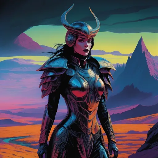 Prompt: Female Valkyrie. Organic and mechanical looking armor. Frozen alien landscape behind her. Full body view of subject over vista landscape.

{Inked outlines on flat block color shading.}
{Masterful, semi-realistic, ultra dark-vibrant, horror illustration, with precise, clean, thick ink outlining}, {Surreal illustration, angst, gloomy atmosphere}, {Realistic, lean anatomy}, {Unique character design, expressive faces}, Intense and vivid colors, dark color balance. Color distortions, dim lighting, diffused highlights, and intense shadows, flat rendering. 
{Intense triadic color scheme, added foreground colors}. 
{Science fiction, retrofuturism, eldritch horror, eerie surrealism, dark fantasy, gothic, heavy metal aesthetic, angst, gloom, occult.}
{Maximalism, unconventional framing, dynamic poses, and bold storytelling. Image clarity, sharp focus, filmic style. Strong hierarchy, positive shapes, negative space. Pattern, rhythm, unity for captivating visuals.}