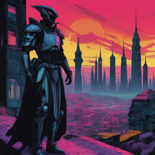 Prompt: Elaborately designed knight. In alien megacity.  Full body view of subject over vista landscape.

{Inked outlines on flat block color shading.} 64k.
{Masterful, semi-realistic, ultra dark-vibrant, horror illustration, with precise, clean, thick ink outlining}, {Surreal illustration, angst, gloomy atmosphere}, {Realistic, lean anatomy}, {Unique character design, expressive faces}, Intense and vivid colors, dark color balance. Color distortions, dim lighting, diffused highlights, and intense shadows, flat rendering. 
{Intense triadic color scheme, added foreground colors}. 
{Science fiction, retrofuturism, eldritch horror, eerie surrealism, dark fantasy, gothic, heavy metal aesthetic, angst, gloom, occult.}
{Maximalism, unconventional framing, dynamic poses, and bold storytelling. Image clarity, sharp focus, filmic style. Strong hierarchy, positive shapes, negative space. Pattern, rhythm, unity for captivating visuals.}