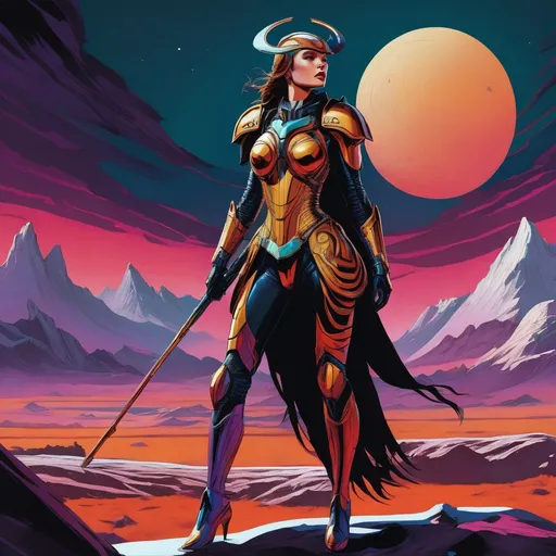 Prompt: Female Valkyrie. Organic and mechanical looking armor. Full body low angle view. Frozen alien landscape behind her. {Inked outlines on flat block color shading.}
{Masterful retro horror illustration with precise ink outlining.} 
{Surreal illustration}, {lean anatomy}, {Unique character design, expressive faces}, Intense and vivid colors, dark color balance. Color distortions, soft chiaroscuro, dim lighting, diffused highlights, and intense shadows. 3D flat rendering. {Intense triadic color scheme with added foreground colors.} {Science fiction, retrofuturism, eldritch horror, eerie surrealism, dark fantasy, gothic, heavy metal aesthetic.}
{Masterpiece, refined linework and fine detailing. Maximalism, unconventional framing, dynamic poses, and bold storytelling. Image clarity, sharp focus, filmic style. Strong hierarchy, positive shapes, negative space. Pattern, rhythm, unity for captivating visuals.}