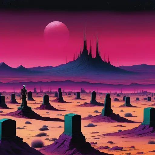 Prompt: Desolate otherworldly desert, a graveyard for hundreds of humanoid droids standing lifelessly. Broken and obsolete, stand in isolation, slightly hunched, scattered across the barren landscape. Shiny surfaces now corroded and weathered. The crimson sky casts an ominous glow. Atmosphere of eerie stillness.

Profound, surreal, realistic graphic novel illustration featuring {lean, dancer's anatomy, distinctive subject design, and evocative facial expressions.} Immaculate stylized illustration with bold, weighted inked outlines. Saturated, dark-centric coloring for both darkness and vivid colors. Unique color distortion with smooth blends, atmospheric darkness, masterful Chiaroscuro with feathering, intense blacks, and underexposed look. Bold two-dimensional rendering. Triadic background colors and extended foreground colors in pink, green, yellow, orange, teal, and purple. Genre fusion: science fiction, retrofuturism, cosmic horror, and body horror. Masterpiece quality with master draughtsmanship. Refined linework, variation in line weight, and fine detailing. Maximalism, surrealistic sci-fi horror and vibrant heavy metal aesthetic. Loose, unconventional framing for dynamic, unique poses. Action-oriented scenes with storytelling emphasis. Clarity and sharp focus through filmic aesthetics. Hierarchy, positive shapes, and negative space meticulously considered. Pattern, rhythm, and unity for a captivating visual experience. Dark canvas enhancing enhanced dark color use, blacker shadows, Sfumato, vivid colors, and intensified atmospheric darkness. Increased Chiaroscuro effects for darker tones and suppression of light color use. Seamless integration of darkness, vivid color, intricate line work, and elements from science fiction and horror within a technically detailed framework.
