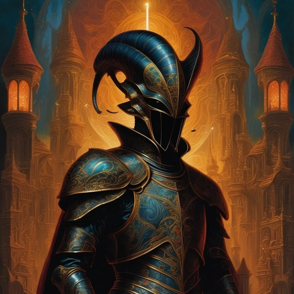 Prompt: Alien black knight in medieval armor, mysterious otherworldly background, high quality, intricate details, alien medieval, dark and mysterious, medieval armor, alien features, ethereal lighting, otherworldly atmosphere.

{Digital realist and surrealist combined painting} with {fine black flowing contouring}, defined inked outlines, delicate texturing, deep block coloring with color blends, dark-contrast lighting, semi-flat rendering, masterpiece, ultra-high quality, depth, drama.}

{Elaborate character design, characterful and expressive faces, semi-realistic and lean anatomy}, 

{Intense, dark, and vivid colors, dark color balance, dark and intense lighting, soft diffused highlights, and opaque black shadows, tenebrosity, triadic color scheme, unique color distortions, maximalism.}

{Science fiction art, retrofuturistic art, eldritch horror art, eerie surrealist art, dark fantasy art, gothic art, heavy metal art, angst, gloom, misty, occultic.}