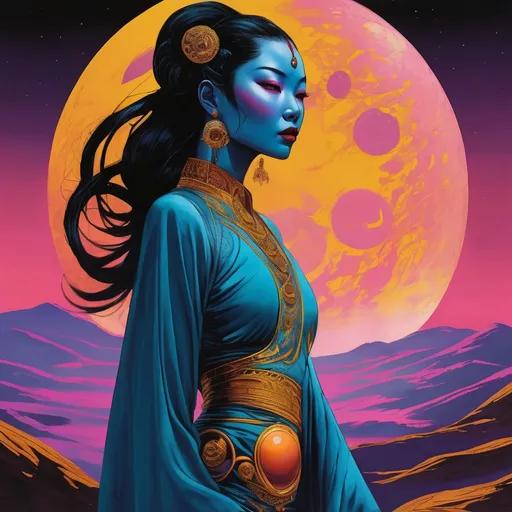 Prompt: Captivating female Moon Deity with blue skin, piercing amber eyes, East Asian ancestry. Stands on a natural balcony overlooking a moon vista. Formal hairstyle, mesmerizing costuming. Profound, surreal, realistic graphic novel illustration featuring lean, dancer's anatomy, distinctive subject design, and evocative facial expressions. Immaculate illustration with bold, weighted inked outlines. Saturated, dark-centric coloring for both darkness and vivid colors. Unique color distortion with smooth blends, atmospheric darkness (Chiaroscuro), intense blacks, and underexposed look. Bold two-dimensional rendering with Golden-hour illumination. Triadic background colors and extended foreground colors in pink, green, yellow, orange, teal, and purple. Genre fusion: science fiction, retrofuturism, cosmic horror, and body horror. Masterpiece quality with master draughtsmanship. Refined linework, variation in line weight, and fine detailing. Maximalism in surrealistic sci-fi horror and vibrant heavy metal aesthetic. Loose, unconventional framing for dynamic, unique poses. Action-oriented scenes with storytelling emphasis. Clarity and sharp focus through filmic aesthetics. Hierarchy, positive shapes, and negative space meticulously considered. Pattern, rhythm, and unity for a captivating visual experience. Dark canvas enhancing enhanced dark color use, blacker shadows, vivid colors, and intensified atmospheric darkness. Increased Chiaroscuro effects for darker tones and suppression of light color use. Seamless integration of darkness, vivid color, intricate line work, and elements from science fiction and horror within a technically detailed framework.