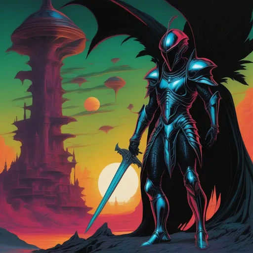 Prompt: Alien medieval black knight. Full body low angle view. An alien Atlantis in the background. 
{Surreal and realistic graphic novel illustration}. {lean, dancer's anatomy}, {elaborate subject design, and expressive facial expressions.} Professional, ultrarealistic comic illustration with thick black ink outlining. Saturated, dark-centric coloring for dark, rich, and vivid colors. Varied color distortions with smooth blends, strong atmospheric darkness (Ethereal Chiaroscuro), soft diffused highlights with intense feathered shadow, and underexposed look. Bold two-dimensional rendering. Triadic background colors and extended foreground colors. Science fiction, retrofuturism, cosmic horror, eerie surrealism, and body horror. Masterpiece quality with master draughtsmanship. Refined linework, variation in line weight, and fine detailing. Maximalism, rich and vibrant heavy metal aesthetic. Loose, unconventional framing for dynamic, unique poses. Action-oriented scenes with storytelling emphasis. Clarity and sharp focus through filmic aesthetics. Hierarchy, positive shapes, and negative space meticulously considered. Pattern, rhythm, and unity for a captivating visual experience. Dark canvas.