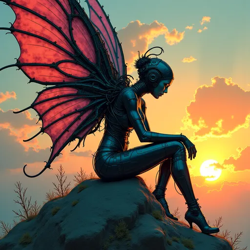 Prompt: 1girl, cybernetic enhanced fairy, large wings, beautiful, dangerous, perched on a rock, alien scenery, sky, sunset, twilight,
((Surreallist masterwork, hyperdetailed graphic illustration, hyperrealism with solid color fields)),
((dark dramatic tonal depth with black shadow-work)),
seamless integration of linework,
((Victorian scientific illustration with uncanny eldritch motifs)),
((superflat traditional ink rendering)),
((ultrafine cross-hatching and stippling for beautiful black shading)),
((deep and vivid obsidian triadic color palette: deep blacks, vibrant teals, dark magentas, muted golden yellows, shadowy greens, dim oranges, and rich crimson)),
Highly saturated hues complemented by smooth gradient blends,
((ornate architectural details spiralling into impossible geometries)),
biomechanical transformations rendered with anatomical precision,
non-Euclidean mechanical and industrial structures,
organic matter intricately fused with baroque machinery,
hyper-realistic detail,
unsettling visual arrangements,
foreground and background interplay emphasizing spatial relationships,
indeterminate forms breaching dimensional barriers with substantial mass,
dynamic composition with exceptional visual flow,
impactful negative space,
dark tonal palette balanced with saturated colors,
((exemplary draftsmanship with ultra-high fidelity)),
dynamic and captivating story-telling,
flawless technical execution,
no watermark.