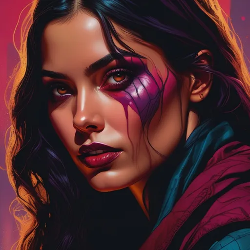 Prompt: Blend photorealism with comic book aesthetics and line art, and sci-fi horror illustration.

{{Appealing character design, characterful faces,} {semi-realistic, lean anatomy}}, 

{Dark dynamic range, {diffused highlights, intensely-dark shadows}, {triadic color scheme, unique color distortions}}.