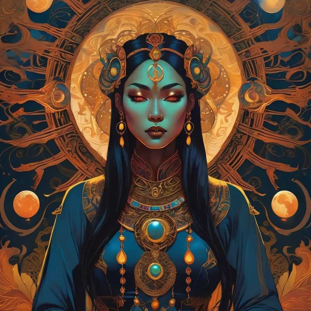 Prompt: {Surreal worlds with realistic subjects}, {digital illustration with inked contouring}, defined inked outlines, delicate texturing, deep block coloring with color blends, dark-contrast lighting, semi-flat rendering, masterpiece, ultra-high quality, depth, drama.}

{Full-body, captivating female Moon Deity with blue skin, piercing amber eyes, wearing skin-tight tribal war dress, East Asian ancestry, detailed features, highres, ultra-detailed, mythical, ethereal, celestial, majestic, East Asian, tribal, detailed eyes, cosmic atmosphere.}

{Elaborate retrofuturistic character design with horror undertones, characterful and expressive faces, semi-realistic and lean anatomy}, 

{Intense, dark, and vivid colors, dark color balance, dark and intense lighting, soft diffused highlights, and opaque black shadows, tenebrosity, triadic color scheme, unique color distortions, maximalism.}

{Science fiction art, eldritch horror art, eerie surrealist art, dark fantasy art, gothic art, heavy metal art, angst, gloom, misty, occultic.}