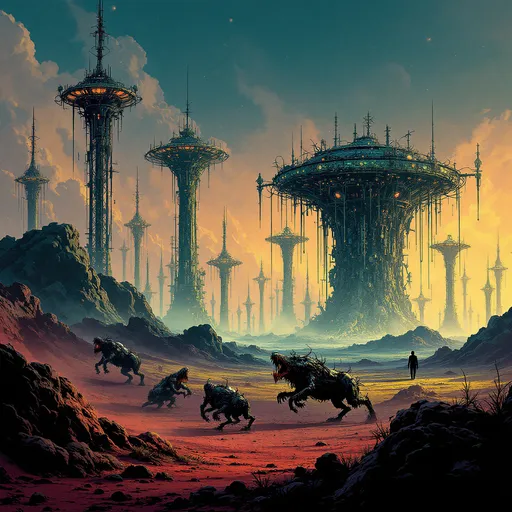 Prompt: (Sci-fi horror story scene masterwork),  
(superflat graphic hyperrealism),  
solid color fields with deeply saturated, multi-tonal interplay (prioritize triadic or quintuadic color harmonies, avoid overly analogous palettes),  
tenebrous, oppressive atmosphere with warped, non-Euclidean structures and biomechanical transformations,  
intricate detailing with stippled shading and precise, ultra-high-contrast ink linework,  
(flattened but intricate rendering, emphasizing eerie depth through color layering and extreme shadow dominance),  
(haunting, nightmarish, alienating, mesmerizing visuals),  
(dynamic, expressive character acting with cinematic weight—avoid rigid, stylized, or exaggerated comic-book posing),  
(physical tension and naturalistic body language, with figures engaged in the environment and reacting believably),  
(cinematic composition with dramatic framing, overwhelming shadows, and extreme focal depth),  
(filmic lighting with crushing blacks, near-zero white values, and deeply saturated shadow color—highlights only in controlled, vivid hues),  
(overpowering darkness consuming the composition, with bursts of hyper-intense color emerging from the void),  
(no soft gradients or washed-out transitions—sharp, high-impact color boundaries within a predominantly black environment),  
foreground and background interplay with exceptional spatial relationships,  
impactful negative space for striking visual storytelling,  
(exemplary draftsmanship with ultra-high fidelity, avoiding superhero stylization),  
baroque architectural complexity fused with organic horror elements,  
flawless technical execution,  
no watermark, no signature.