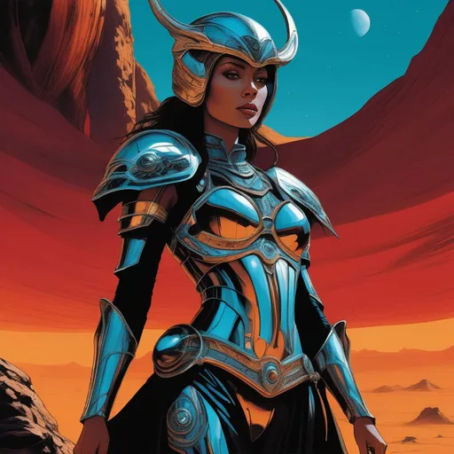 Prompt: Female Valkyrie. Organic and mechanical looking armor. Full body low angle view. Frozen alien landscape behind her.
{Surreal graphic novel illustration}, {lean, dancer's anatomy}, {unique subject design, expressive facial expressions,} {professional, high quality comic illustration, inked outline}, {maximum color intensity, deep, rich color balance}, {color distortions, smooth color blends, dimly light atmospheric scene, chiaroscuro, soft diffused highlights, deep shadow, underexposed}, {flat rendering, triadic color scheme, additional foreground colors}, {science fiction, retrofuturism, cosmic horror, eerie surrealism, dark fantasy, gothic, heavy metal aesthetic}, {masterpiece, master draughtsmanship, master artistic theory, refined linework, fine detailing}, maximalism, {loose, unconventional framing, unique dynamic 3D poses, action-oriented scenes with storytelling emphasis}, {Clarity, sharp focus, filmic}, {strong hierarchy, positive shapes, and negative space}, {pattern, rhythm, and unity, captivating visuals}, dark canvas.