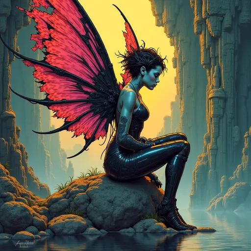 Prompt: 1girl, cybernetic enhanced fairy, large wings, beautiful, dangerous, sitting on a rock.
((masterwork graphic illustration hyperrealism)), 
virtuoso linework blending ((Victorian scientific engraving with eldritch elements)), 
((traditional ink rendering techniques)), 
((meticulous cross-hatching and stipple shading with deep blacks)), 
((dramatic tonal depth through precise shadow work)), 
overall darker tone with deep, intense saturated color balance for heightened intensity, 
restricted desaturated tones to enhance contrast, 
((obsidian triadic palette: ultra-deep blacks, vibrant electric teals, dark magentas with iridescent undertones, luminous golden yellows, shadowy greens that shift in hue, dim oranges that pulse with energy, and rich crimson)), 
solid color fields with intensely deep saturated hues and gradients extending to the edges, 
super weird ornate stone structures with multicultural influences, featuring bizarre shapes, distorted proportions, and intricate carvings rendered in darker tones and surreal saturation, 
((ornate Victorian architecture rendered in exacting detail, spiraling into impossible depths)), 
writhing biomechanical transformations with anatomical precision emerging from vanishing points, 
reality-bending industrial structures with mechanical accuracy, 
flesh fused with baroque machinery rendered in lifelike detail, 
complex industrial machinery such as gears, pistons, and conveyor belts integrated into the composition, 
unsettling compositions with observed foreground elements leading into the background, 
nameless shapes piercing dimensional barriers with weight, 
loose framing enhancing visual flow, 
negative space accentuating key elements, 
haunting shadows evoking loss and despair, 
subtle traces of sorrow in the expressions of figures present, 
a tragic narrative woven into the fabric of the scene,
((phenomenal draftsmanship)), 
ultra-high fidelity, 
flawless technical execution, 
elements creating seamless transitions across the composition.