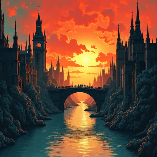 Prompt: bridge, city, cloud, explosion, fire, flame, no humans, orange sky, red sky, river, scenery, sky, sunset, twilight, water
((masterwork graphic illustration hyperrealism)), virtuoso linework blending ((Victorian scientific engraving with eldritch elements)), 
((traditional ink rendering techniques)), 
((meticulous cross-hatching and stipple shading)), 
((dramatic tonal depth through precise shadow work)), 
((obsidian triadic palette: deep blacks, vibrant teals, dark magentas, subdued golden yellows, shadowy greens, dim oranges, and rich crimson)), 
solid color fields with deep saturated hues and gradients extending to the edges, 
((ornate Victorian architecture rendered in exacting detail, spiraling into impossible depths)), 
writhing biomechanical transformations with anatomical precision emerging from vanishing points, 
reality-bending industrial structures with mechanical accuracy, 
flesh fused with baroque machinery rendered in lifelike detail, 
unsettling compositions with observed foreground elements leading into the background, 
nameless shapes piercing dimensional barriers with weight, 
loose framing enhancing visual flow, 
negative space accentuating key elements, 
overall darker tone with deep saturated color balance for heightened intensity, 
((phenomenal draftsmanship)), 
ultra-high fidelity, 
flawless technical execution, 
elements creating seamless transitions across the composition.