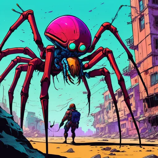 Prompt: Giant arachnid cyborg hunting some poor souls.
Science Fiction, Retrofuturism, Body horror, Cosmic Horror, Fine inking, Clean linework, comic illustration, flat shading, Colour transitions, Maximalism, Beautifully illustrated forms, beautiful background scenery, Warm and cold colour mix, Triadic colour palette, Dark vibrancy, Complexity, Storytelling, Dynamic Poses, High quality, Sharp focus, Tight colour range, Full scene, Filmic, 