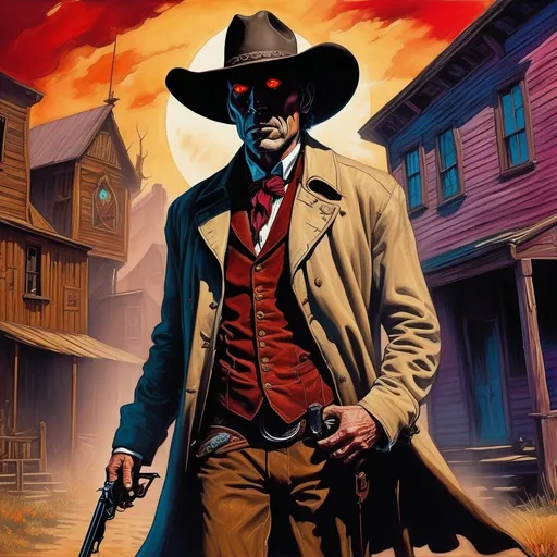 Prompt: Undead cowboy with glowing red eyes. He wears classic wild west clothing - a leather trench coat or duster, black boots, brown pants, white shirt, and two different hats, a Wide Brimmed Stetson. Carries a sawed-off shotgun.

{Digital realist and surrealist combined painting with contouring, defined inked outlines, delicate texturing, deep block coloring with color blends, dark-contrast lighting, semi-flat rendering, masterpiece, ultra-high quality, depth, drama.}

{Elaborate character design, characterful and expressive faces, semi-realistic and lean anatomy}, 

{Intense, dark, and vivid colors, dark color balance, dark and intense lighting, soft diffused highlights, and intensely-dark shadows, tenebrosity, triadic color scheme, unique color distortions, maximalism.}

{Science fiction art, retrofuturistic art, eldritch horror art, eerie surrealist art, dark fantasy art, gothic art, heavy metal art, angst, gloom, misty, occultic.}