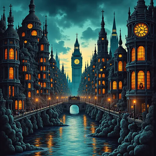 Prompt: A Victorian London, ramshackled and falling apart, skyline, colourful sky, distorted and warped, rivers and bridges, night and darkness, weirdness, wonky. ((Surreallist masterwork, hyperdetailed graphic illustration, hyperrealism with solid color fields)),
((dark dramatic tonal depth with black shadow-work)),
seamless integration of linework,
((Victorian scientific illustration with uncanny eldritch motifs)),
((superflat traditional ink rendering)),
((ultrafine cross-hatching and stippling for beautiful black shading)),
((deep and vivid obsidian triadic color palette: deep blacks, vibrant teals, dark magentas, muted golden yellows, shadowy greens, dim oranges, and rich crimson)),
Highly saturated hues complemented by smooth gradient blends,
((ornate architectural details spiralling into impossible geometries)),
biomechanical transformations rendered with anatomical precision,
non-Euclidean mechanical and industrial structures,
organic matter intricately fused with baroque machinery,
hyper-realistic detail,
unsettling visual arrangements,
foreground and background interplay emphasizing spatial relationships,
indeterminate forms breaching dimensional barriers with substantial mass,
dynamic composition with exceptional visual flow,
impactful negative space,
dark tonal palette balanced with saturated colors,
((exemplary draftsmanship with ultra-high fidelity)),
dynamic and captivating story-telling,
flawless technical execution,
no watermark.