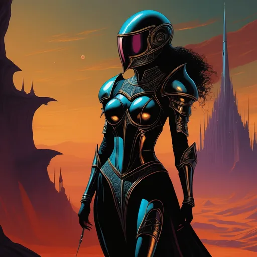 Prompt: Female alien medieval black knight. Organic looking armor. Full body low angle view. An alien Atlantis in the background.
{Surreal and realistic graphic novel illustration}. {lean, dancer's anatomy}, {elaborate subject design, and expressive facial expressions.} {Professional, ultrarealistic comic illustration with thick black ink outlining}. {Saturated, dark-centric coloring for dark, rich, and vivid colors}. {(Varied color distortions with smooth blends:1.5), dimly light scene,  atmospheric darkness (Chiaroscuro and sfumato:2), diffused highlights with intense shadow, and underexposed look}. {Two-dimensional flat rendering. Triadic background colors and additional foreground colors}. ({Science fiction, retrofuturism, cosmic horror, eerie surrealism, dark fantasy, gothic, heavy metal aesthetic}:1.5). {Masterpiece quality with master draughtsmanship. Refined linework, variation in line weight, and fine detailing}. Maximalism, rich and vibrant. {Loose, unconventional framing for dynamic, unique poses. Action-oriented scenes with storytelling emphasis}. {Clarity and sharp focus, filmic aesthetics}. {Professional hierarchy, positive shapes, and negative space}. {Pattern, rhythm, and unity, captivating visuals}. Dark canvas.