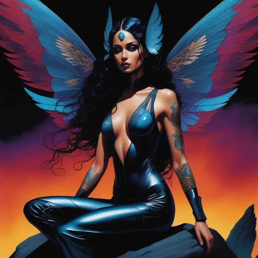 Prompt: {Cybernetic space fairy sitting on a rock in the foreground. Big wings, long curly hair, tattoos.} Dramatic otherworldly background behind her.
{Surreal and softened graphic novel illustration}. {lean, dancer's anatomy}, {elaborate subject design, and expressive facial expressions.} {Professional, ultrarealistic, highest quality comic art with (thick black ink outlining:1.3)}. ({Saturated, dark-centric coloring for dark, rich, and vivid colors}:2.2). {(Varied color distortions with smooth blends:1.5), dimly light scene,  atmospheric darkness (Soft and smoky chiaroscuro:2), diffused highlights with intense shadow, and underexposed look}. {Three-dimensional flat rendering. Triadic background colors and additional foreground colors}. ({Science fiction, retrofuturism, cosmic horror, eerie surrealism, dark fantasy, gothic, heavy metal aesthetic}:1.5). {Masterpiece quality with master draughtsmanship. Refined linework, variation in line weight, and fine detailing}. Maximalism, rich and vibrant. {Loose, unconventional framing for dynamic, unique 3D poses. Action-oriented scenes with storytelling emphasis}. {Clarity and sharp focus, filmic aesthetics}. {Professional hierarchy, positive shapes, and negative space}. {Pattern, rhythm, and unity, captivating visuals}. Dark canvas.