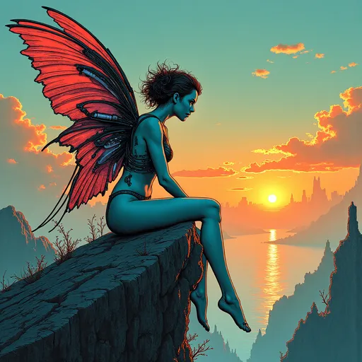 Prompt: 1girl, cybernetic enhanced fairy, large wings, beautiful, dangerous, sitting on a rock, alien scenery, sky, sunset, twilight, water
((Surreal masterwork hyperdetailed graphic illustration employing hyperrealism with solid color fields)), masterpiece art, seamless linework integration, ((Victorian scientific illustration with eldritch motifs)), ((traditional ink rendering)), ((ultrafine cross-hatching and stippling for shading)), ((dramatic tonal depth with precise shadow application)), ((obsidian triadic color palette: deep blacks, vibrant teals, dark magentas, muted golden yellows, shadowy greens, dim oranges, and rich crimson)), highly saturated hues with gradient blends, ((ornate architectural details spiraling into impossible geometries)), biomechanical transformations with anatomical precision, non-Euclidean mechanical and industrial structures, organic matter intricately fused with baroque machinery, hyper-realistic detail, unsettling visual arrangements, foreground and background interplay emphasizing spatial relationships, indeterminate forms breaching dimensional barriers with substantial mass, dynamic composition with visual flow, effective use of negative space, dark tonal palette balanced with saturated colors, ((exemplary draftsmanship)), ultra-high fidelity, flawless technical execution, no watermark."