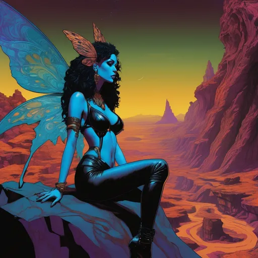 Prompt: {Cybernetic space fairy sitting on a rock in the foreground. Big wings, long curly hair, tattoos.} Eating a bone. Dramatic otherworldly background behind her.

((Graphic novel style, distinctive subject design, immaculate illustrated, weighted inked outlines, and saturated, dark-centric coloring)).

({Triadic background colors.
Extended foreground colors.}
Unique color distortion and smooth blends.}
{Chiaroscuro.}).

{(Science-fiction.
Retrofuturism.
Cosmic horror.)
Body horror.}
Masterpiece quality.
Master draughtsmanship.

{Crisp, black linework.
Line weight variation.
Fine linework on detailing.}
Maximalism.
{Surrealist sci-fi horror,
Vibrant, heavy metal aesthetic.}

{Loose, unconventional framing.
Dynamic, unique poses.
Action.
((Storytelling emphasis)).
Clarity.}
Sharp focus.
Filmic aesthetics.
{Hierarchy.
Positive shapes, and negative space.
Pattern, rhythm, unity.}
Dark canvas.