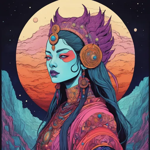 Prompt: moon deity in a female humanoid form. 
Science Fiction, Retrofuturism, Gore, Cosmic Horror, Fine inking, Clean linework, comic illustration, flat shading, Colour transitions, Maximalism, Beautifully illustrated forms, beautiful background scenery, Warm and cold colour mix, Triadic colour palette, Dark vibrancy, soft lighting, Complexity, Storytelling, Dynamic Poses, High quality, Sharp focus, Tight colour range, Full scene, Filmic, 