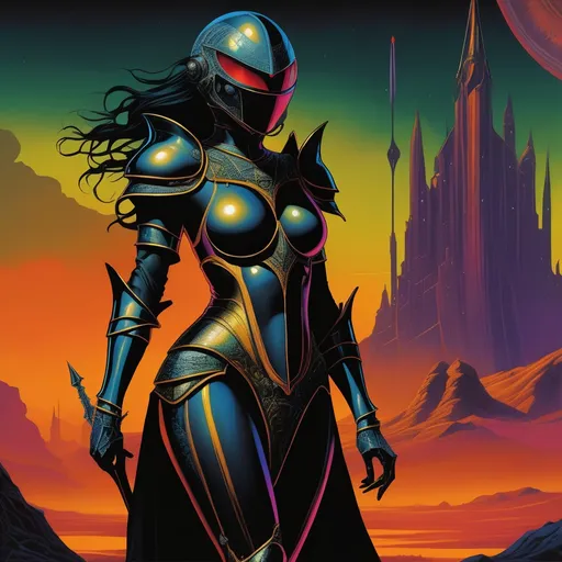 Prompt: Female alien medieval black knight. Organic looking armor. Full body low angle view. An alien Atlantis in the background.
{Surreal and professional graphic novel illustration}. {lean, dancer's anatomy}, {elaborate subject design, and expressive facial expressions.} Professional, ultrarealistic comic illustration with thick black ink outlining. Saturated, dark-centric coloring for dark, rich, and vivid colors. Varied color distortions with smooth blends, dimly light scene,  atmospheric darkness (Chiaroscuro and sfumato), diffused highlights with intense shadow, and underexposed look. Two-dimensional flat rendering. Triadic background colors and additional foreground colors. Science fiction, retrofuturism, cosmic horror, eerie surrealism, dark fantasy, gothic, heavy metal aesthetic. Masterpiece quality with master draughtsmanship. Refined linework, variation in line weight, and fine detailing. Maximalism, rich and vibrant. Loose, unconventional framing for dynamic, unique poses. Action-oriented scenes with storytelling emphasis. Clarity and sharp focus through filmic aesthetics. Hierarchy, positive shapes, and negative space meticulously considered. Pattern, rhythm, and unity for a captivating visual experience. Dark canvas.