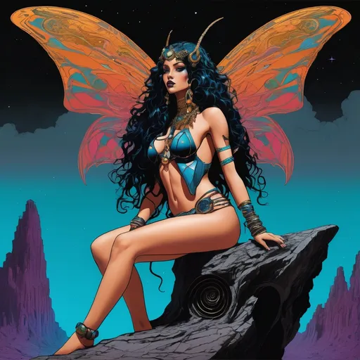 Prompt: {Cybernetic space fairy sitting on a rock in the foreground. Big wings, long curly hair, tattoos.} Eating a bone. Dramatic otherworldly background behind her.

((Graphic novel style, distinctive subject design, immaculate illustrated, weighted inked outlines, and saturated, dark-centric coloring)).

({Triadic background colors.
Extended foreground colors.}
Unique color distortion and smooth blends.}
{Chiaroscuro.}).

{(Science-fiction.
Retrofuturism.
Cosmic horror.)
Body horror.}
Masterpiece quality.
Master draughtsmanship.

{Crisp, black linework.
Line weight variation.
Fine linework on detailing.}
Maximalism.
{Surrealist sci-fi horror,
Vibrant, heavy metal aesthetic.}

{Loose, unconventional framing.
Dynamic, unique poses.
Action.
((Storytelling emphasis)).
Clarity.}
Sharp focus.
Filmic aesthetics.
{Hierarchy.
Positive shapes, and negative space.
Pattern, rhythm, unity.}
Dark canvas.