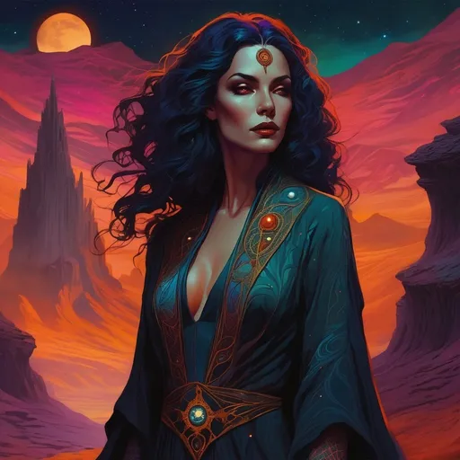 Prompt: A bewitchingly beautiful female space-warlock who follows an old and forgotten deity. Mid-30s, Long curly hair, lots of tattoos, shapely and revealing robes. Forlorn alien landscape background.

{Digital painting, defined outlines and contours, delicate texturing, deep block coloring with color blends, dark-contrast lighting, semi-flat rendering, masterpiece, ultra-high quality, depth, drama.}

{Unique character design, characterful and expressive faces, semi-realistic and lean anatomy}, 

{Intense, dark, and vivid colors, dark color balance, dark and intense lighting, soft diffused highlights, and intensely-dark shadows, tenebrosity, triadic color scheme, unique color distortions, maximalism.}

{Science fiction art, retrofuturistic art, eldritch horror art, eerie surrealist art, dark fantasy art, gothic art, heavy metal art, angst, gloom, misty, occultic.}