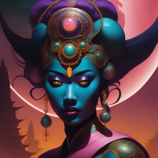 Prompt: Captivating female Moon Deity with blue skin, piercing amber eyes, East Asian ancestry. Chiaroscuro, Sfumato shadows, graphic novel illustration, highres, detailed, sci-fi, futuristic, atmospheric lighting.

Profound, surreal, realistic graphic novel illustration featuring {lean, dancer's anatomy, distinctive subject design, and evocative facial expressions.} Immaculate stylized illustration with bold, weighted inked outlines. Saturated, dark-centric coloring for both darkness and vivid colors. Unique color distortion with smooth blends, atmospheric darkness (Chiaroscuro and Sfumato), intense blacks, and underexposed look. Bold two-dimensional rendering with Golden-hour illumination. Triadic background colors and extended foreground colors in pink, green, yellow, orange, teal, and purple. Genre fusion: science fiction, retrofuturism, cosmic horror, and body horror. Masterpiece quality with master draughtsmanship. Refined linework, variation in line weight, and fine detailing. Maximalism in surrealistic sci-fi horror and vibrant heavy metal aesthetic. Loose, unconventional framing for dynamic, unique poses. Action-oriented scenes with storytelling emphasis. Clarity and sharp focus through filmic aesthetics. Hierarchy, positive shapes, and negative space meticulously considered. Pattern, rhythm, and unity for a captivating visual experience. Dark canvas enhancing enhanced dark color use, blacker shadows, Sfumato, vivid colors, and intensified atmospheric darkness. Increased Chiaroscuro effects for darker tones and suppression of light color use. Seamless integration of darkness, vivid color, intricate line work, and elements from science fiction and horror within a technically detailed framework.