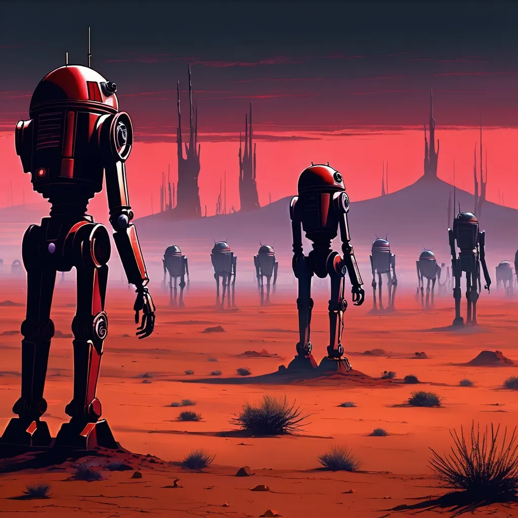 Prompt: Desolate otherworldly desert, a vista of a solemn droid graveyard stretching to the horizon, {myriads of humanoid droids standing lifelessly as far as the eye can see}. 
{Stand in isolation, slightly hunched, scattered across the barren landscape.} Shiny surfaces now corroded and weathered. The crimson sky casts an ominous glow. Atmosphere of eerie stillness.