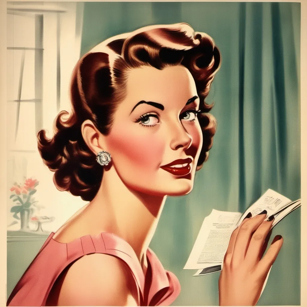 Prompt: handsome woman on the first page of magazine, 50's editorial color illustration