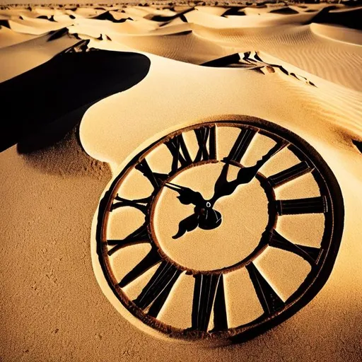 Prompt: clocks melting in the desert, desert full of sand, clocks of many shapes