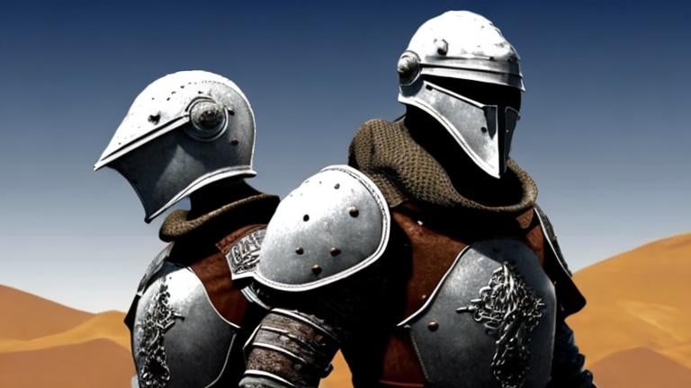 Prompt: caballero medieval, armadura medieval, el caballero salta en el espacio exterior