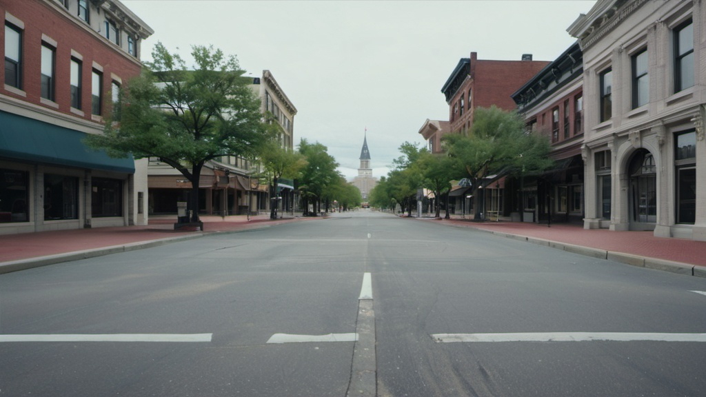 Prompt: rectangle, small square in front of you, empty main street