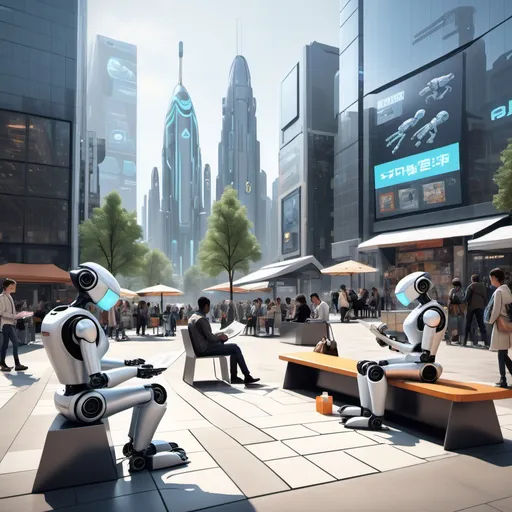 Prompt: A bustling city square with several futuristic robots interacting like humans. One robot is sitting on a bench reading a newspaper, another is buying coffee from a street vendor, and a third is playing with a robotic dog. The environment is modern but has a slightly futuristic vibe, with tall glass buildings, holographic advertisements, and diverse people walking around. The robots have a sleek, polished design with glowing blue lights and intricate mechanical details.