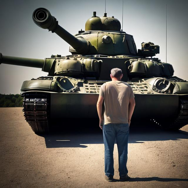 Prompt: man standing in front of a tank, abstract image