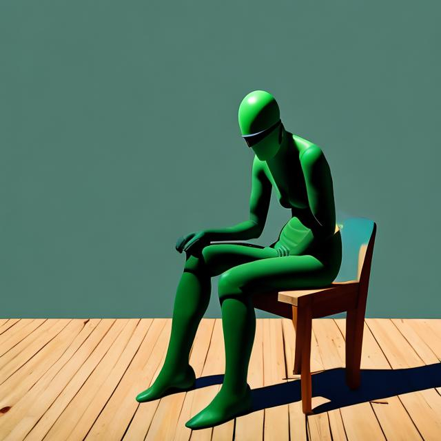 Prompt: android woman, phosphorescent green skin, sitting on a wooden chair in an empty room, style of Rene Magritte