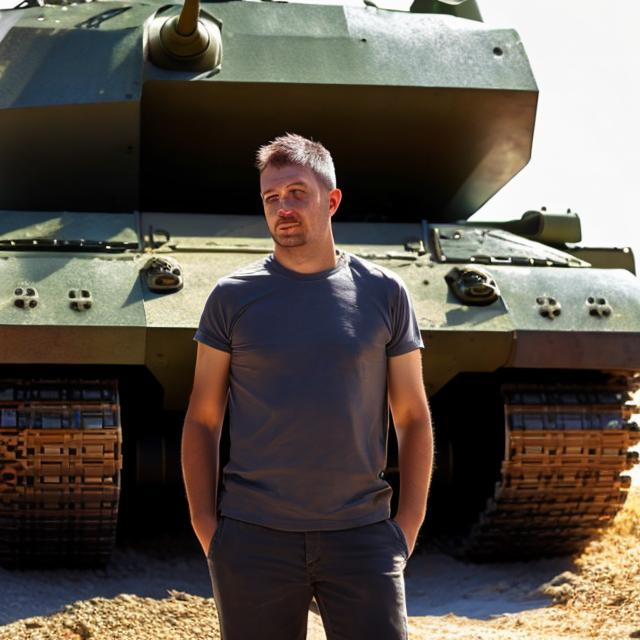 Prompt: man standing in front of a tank, abstract image