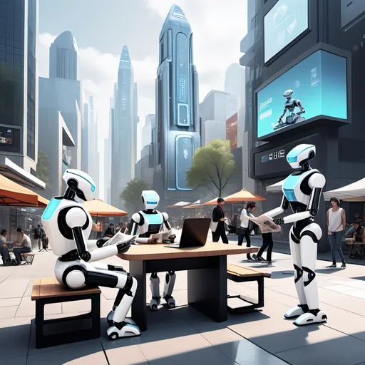 Prompt: A bustling city square with several futuristic robots interacting like humans. One robot is sitting on a bench reading a newspaper, another is buying coffee from a street vendor, and a third is playing with a robotic dog. The environment is modern but has a slightly futuristic vibe, with tall glass buildings, holographic advertisements, and diverse people walking around. The robots have a sleek, polished design with glowing blue lights and intricate mechanical details.